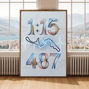 Puede incluir: Un póster enmarcado con un diseño de circuito de carreras, que muestra los números 1:15 y 487 en una fuente estilizada. La pista está resaltada con un efecto neón azul, sobre un fondo gris claro con patrones de circuitos. El póster se exhibe en una habitación con vistas.