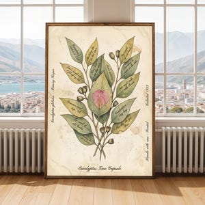 Puede incluir: Una impresión botánica enmarcada con una ilustración en acuarela de hojas de eucalipto y una flor rosa. La obra de arte incluye texto escrito a mano con frases como "Summer read trip '98" y "Eucalyptus Time Capsule". La impresión está en un marco de madera.