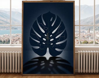 Navy Monstera Leaf Print – 'GROW' Micro-Calligraphy Art (Digital Download