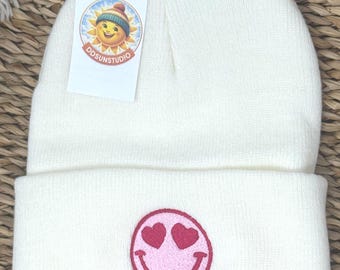 Smiley Face Embroidered Beanie. Winter Hat.