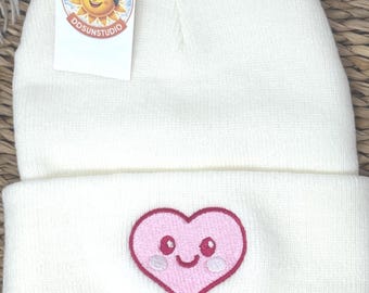 Smiley Heart Embroidered Beanie. Winter Hat.