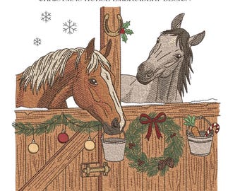 Christmas Horse Embroidery Design, Pony Barn Stall Wreath Holiday Machine File, 5 Sizes, Instant Download dst, pes, exp, jep, vp3