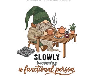 Gnome Embroidery Design, Coffee Gnome Morning Quote Kitchen Machine File, 5 Sizes, Instant Download dst, pes, exp, jep, vp3