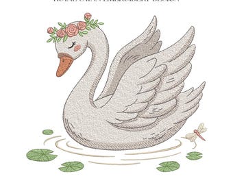 Royal Swan Embroidery Design, Crowned Swan on Lake Machine File, 5 Sizes, Instant Download dst, pes, exp, jep, vp3