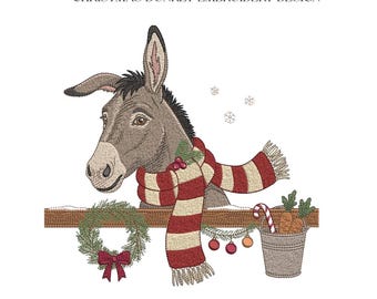 Christmas Donkey Embroidery Design, Holiday Farm Donkey Scarf Machine File, 5 Sizes, Instant Download dst, pes, exp, jep, vp3