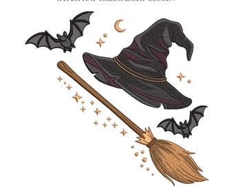 Witch Hat Embroidery Design, Halloween Broom and Bat Night Sky Machine File, 5 Sizes, Instant Download dst, pes, exp, jep, vp3