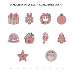 ピンクのクリスマスパッチ刺繍デザイン、伝統的なホリデーアイコンバンドルマシンファイル、5サイズ、即時ダウンロードdst、pes、exp、jep、vp3