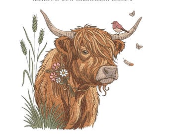 Highland Cow Embroidery Design, Scottish Cow Wildflower Farmhouse Machine File, 5 Sizes, Instant Download dst, pes, exp, jep, vp3