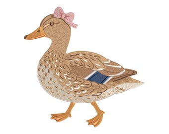 Mallard Hen Bow Embroidery Design, Sweet Duck Pink Bow Watercolor Machine File, 5 Sizes, Instant Download dst, pes, exp, jep, vp3