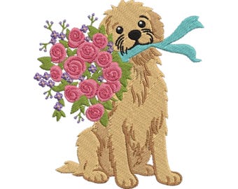 Floral Retriever Embroidery Design, Cute Golden Retriever with Flowers Machine Embroidery Pattern, Dog Lover Art PES DST File