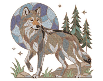 Stained Glass Wolf Embroidery Design, Mosaic Wolf Forest Moon Machine File, 5 Sizes, Instant Download dst, pes, exp, jep, vp3