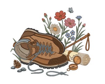 Hiking Boot Embroidery Design, Outdoor Adventure Wildflower Machine File, 5 Sizes, Instant Download dst, pes, exp, jep, vp3