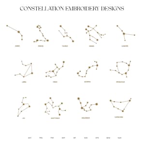Könnte beinhalten: Auf weißem Hintergrund werden goldfarbene Stickmuster von Sternbildern gezeigt. Der Text "CONSTELLATION EMBROIDERY DESIGNS" steht oben. Jedes Sternbild ist mit seinem Namen versehen, darunter Widder, Stier, Zwillinge, Krebs, Waage, Jungfrau, Skorpion, Ophiuchus, Löwe, Schütze, Wassermann und Steinbock.