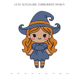 Cute Witch Girl Embroidery Design, Chibi Halloween Witch with Striped Stockings, 5 Sizes, Instant Download dst, pes, exp, jep, vp3