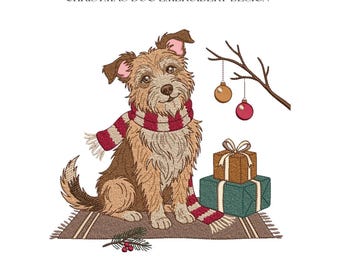 Christmas Dog Embroidery Design, Holiday Puppy Gift Box Scarf Machine File, 5 Sizes, Instant Download dst, pes, exp, jep, vp3