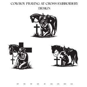 May include: Black and white embroidery design featuring a cowboy kneeling in prayer at a cross, with a horse in the background. The text at the top reads "COWBOY PRAYING AT CROSS EMBROIDERY DESIGN."