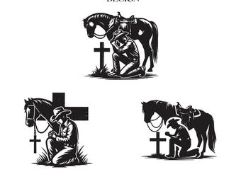 Cowboy Praying at Cross Embroidery Design: Western Horse Silhouette