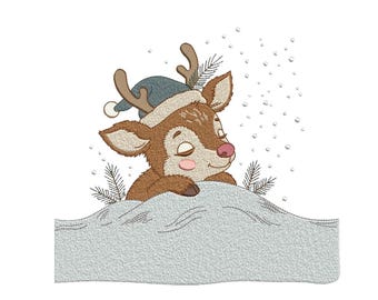 Christmas Reindeer Embroidery Design, Cozy Fawn Peeking from Snowdrift Machine File, 5 Sizes, Instant Download dst, pes, exp, jep, vp3