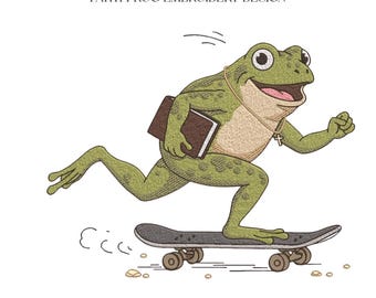 Faith Frog Embroidery Design, Church-Bound Frog on Skateboard Machine File, 5 Sizes, Instant Download dst, pes, exp, jep, vp3