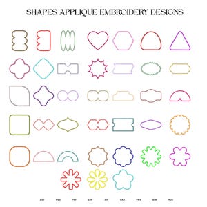 Puede incluir: Una colección de diseños de bordado de apliques en varias formas, incluyendo corazones, hexágonos y estrellas. Los diseños están delineados en una gama de colores, como rojo, morado y verde, sobre un fondo blanco. El texto "SHAPES APPLIQUE EMBROIDERY DESIGNS" está en la parte superior.