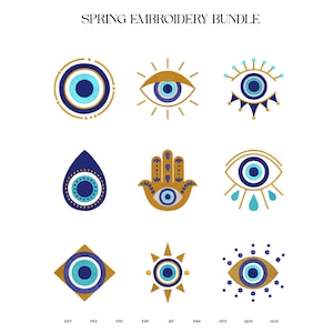 May include: Spring Embroidery Bundle graphic with nine eye-shaped designs in gold, blue, and white. The designs include a circular eye, an eye with sun rays, an eye with eyelashes, a teardrop eye, a Hamsa hand eye, and more.