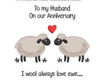 Anniversary Sheep Embroidery Design, I Wool Always Love Ewe Machine File, 5 Sizes, Instant Download dst, pes, exp, jep, vp3
