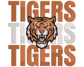 Tigers Repeat Text Embroidery Design, Tiger Head Mascot Stacked Word Art, 5 Sizes, Instant Download dst, pes, exp, jep, vp3