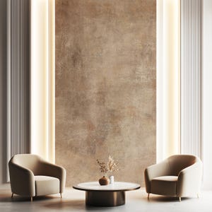 May include: A contemporary living room scene with two beige armchairs, a circular coffee table with a marble surface, and a vase of dried flowers. The backdrop features a textured brown wall and vertical light panels.