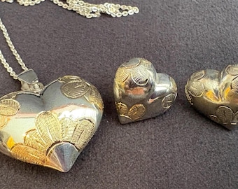 Vintage Sterling Silver Puffy Heart Necklace & Earrings Set Gold Wash