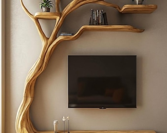 Mueble para TV con forma de árbol, consola multimedia de madera natural, estante de pared escultural.