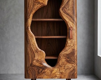 Armario de madera de raíz de nogal, expositor orgánico escultural, mueble bar de mediados de siglo
