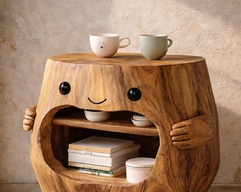 Mesita auxiliar con forma de tronco de madera sonriente, armario de almacenamiento con diseño original, muebles rústicos para niños.