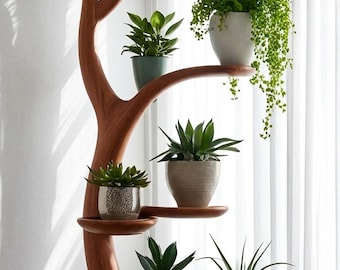 Soporte escultural de madera para plantas con forma de árbol, estante de exhibición para plantas de interior naturales.