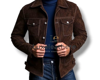 Swedish Suede Leather Jacket for Men | Handmade Brown Trucker Jacket | Scandinavian Style Luxury