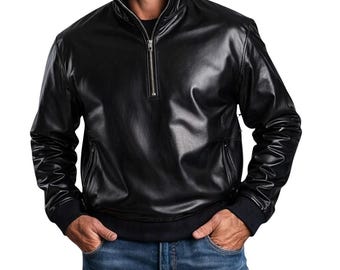 Men's Genuine Leather Quarter Zip Pullover Jacket | Handmade Casual Leather Coat