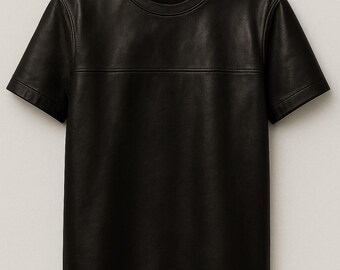 Men's Black Genuine Leather T-Shirt | Handmade Crew Neck Short Sleeve Tee