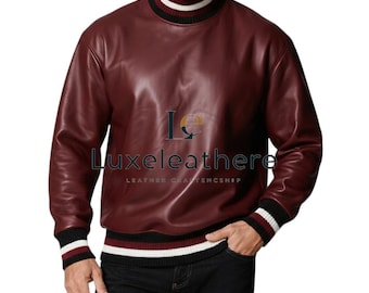 Men’s Burgundy Leather Sweatshirt – Genuine Leather Pullover with Ribbed Collar, Luxury Casual Wear