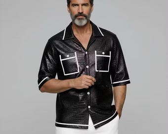 Men's Black Crocodile Embossed Leather Shirt | Luxury Short Sleeve Button-Up Overshirt