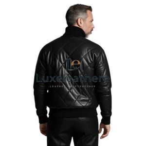 May include: Black quilted leather jacket with a high collar and ribbed cuffs. The jacket features a diamond pattern and the text "Luxeleathere Leather Afternship".