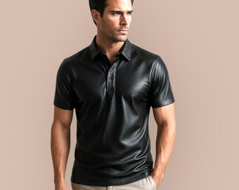 Men's Black Genuine Leather Polo Shirt | Handmade Soft Short Sleeve Top