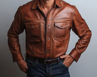 Men’s Brown Genuine Leather Shirt Jacket – Vintage Style Overshirt