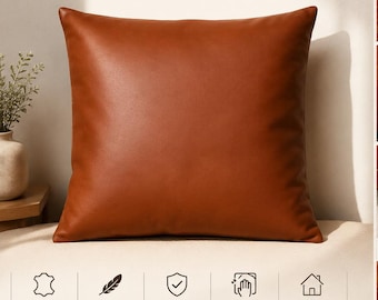 Brown Faux Leather Pillow Cover | Modern Square Cushion for Sofa, Couch