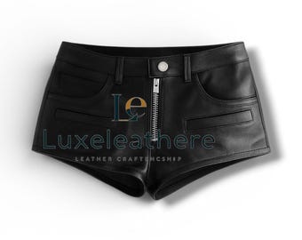 Black Leather Shorts for Women – High Waist Zipper Mini  – Genuine Biker – Handmade Fetish Clubwear