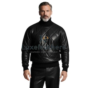 May include: Black quilted leather sweater with a turtleneck and ribbed cuffs. The sweater has a diamond pattern and the text "Luxeleathere LEATHER CRAFTSHIP".