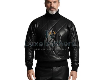 Men’s Black Quilted Leather Sweatshirt – Genuine Leather Pullover with Ribbed Turtleneck, Luxury Winter Top