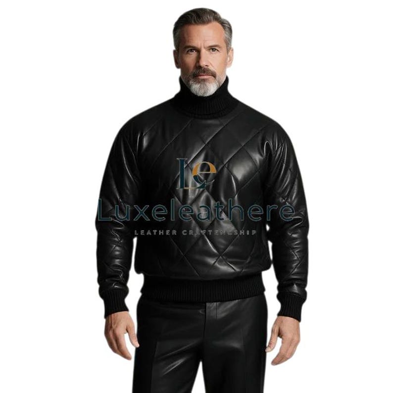May include: Black quilted leather sweater with a turtleneck and ribbed cuffs. The sweater has a diamond pattern and the text "Luxeleathere LEATHER CRAFTSHIP".