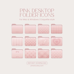 Könnte beinhalten: Rosa Desktop-Ordner-Icons mit verschiedenen Mustern, darunter Streifen, Tupfen und Herzen. Der Text "PINK DESKTOP FOLDER ICONS" steht oben, darunter "For Mac & Windows | Coquette style". Der Text unten lautet "INSTANT DOWNLOAD".