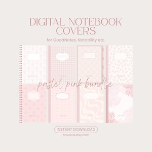May include: A collection of digital notebook covers in pastel pink, featuring various designs such as gingham, floral, and abstract patterns. The text reads "DIGITAL NOTEBOOK COVERS" and "pastel pink bundle".