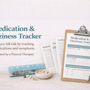May include: A clipboard with a "Medication & Dizziness Tracker" form, pills, a pill organiser, and small bottles. The form includes sections for medication logs and symptom tracking. The text reads "Reduce fall risk by tracking medications and symptoms."