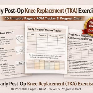 Könnte beinhalten: Druckbare Übungsseiten für den frühen postoperativen Knieersatz (TKA). Enthält einen ROM-Tracker, eine Fortschrittstabelle und Übungen. Entworfen von einem Physiotherapeuten. Der Text lautet "Early Post-Op Knee Replacement (TKA) Exercises".